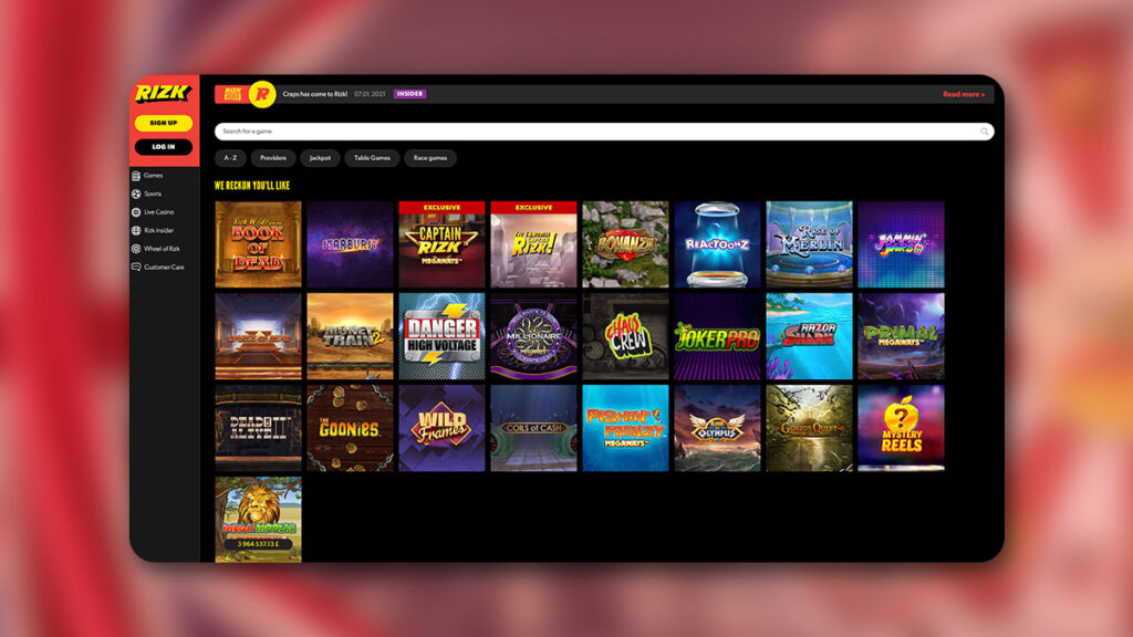 Image displaying the lobby of rizk.com casino 